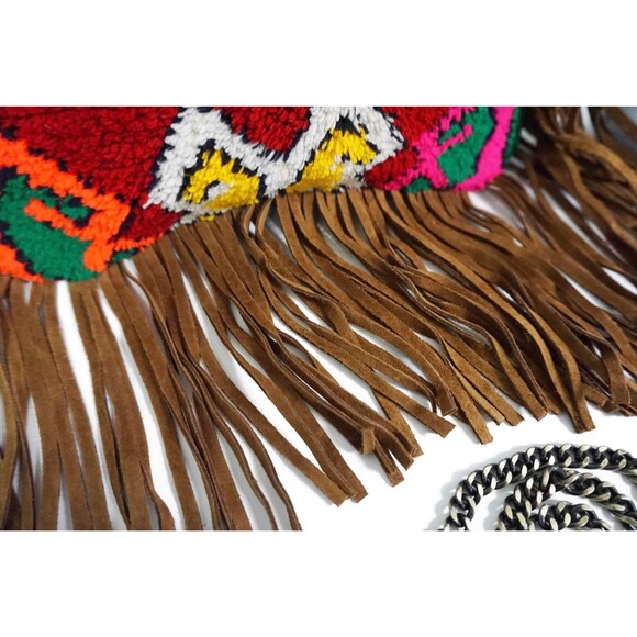 Moroccan Rug Bag, Suede Leather Fringe Tassel Purse Clutch - Picture 4 of 10